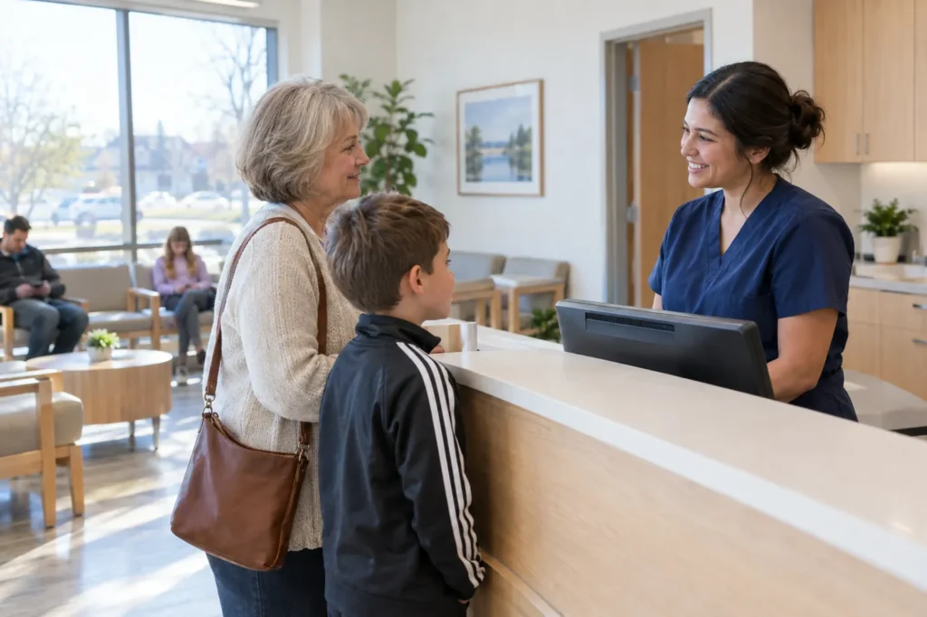 Grandmother and grandson checking in at a light oak front desk on a weekend afternoon