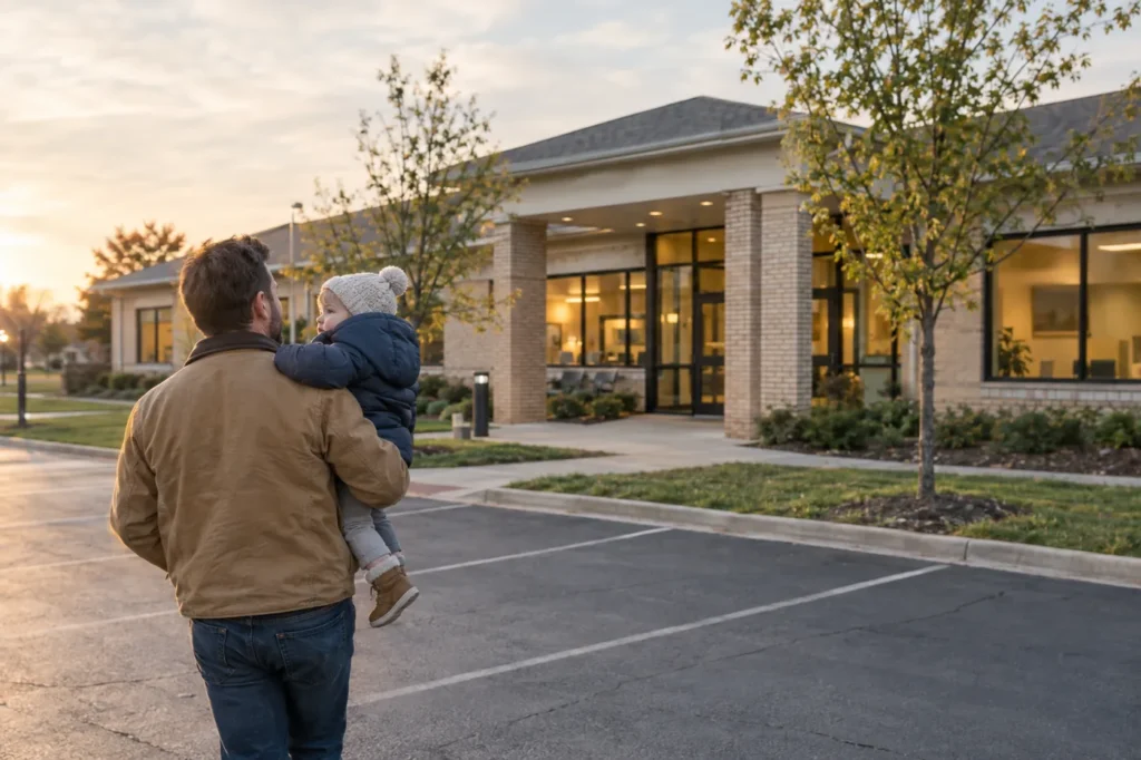 Father carrying his toddler across the parking lot of a small suburban medical building