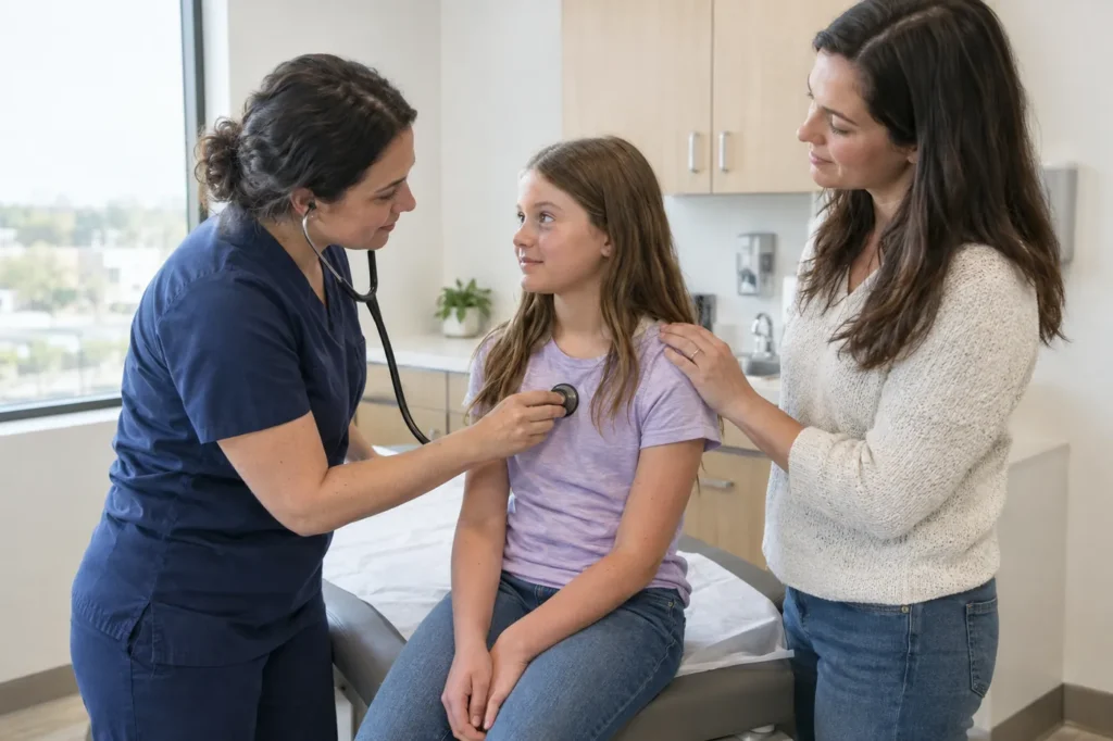 Clinician listening to a girl's breathing over her shirt as her mother stands beside her