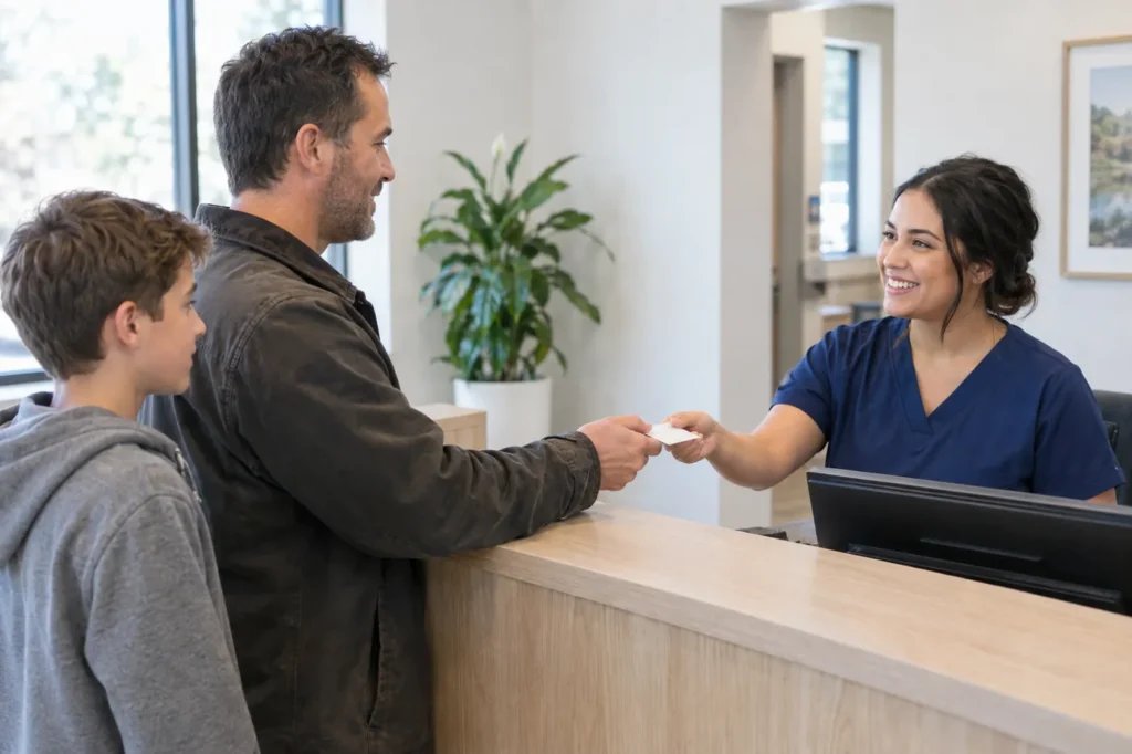 Father handing a card to a receptionist at a light oak front desk as his son waits