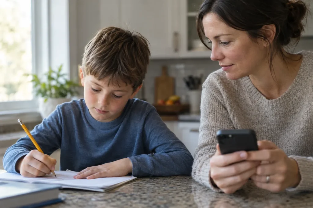 Mother holding a phone in the kitchen while her son does homework beside her