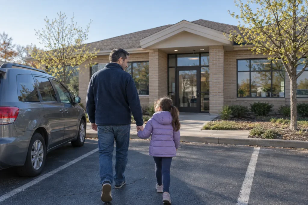 Father and young daughter walking from a minivan to a small suburban medical building