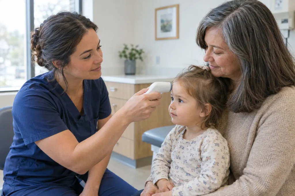Clinician taking a toddler's temperature while she sits on her grandmother's lap