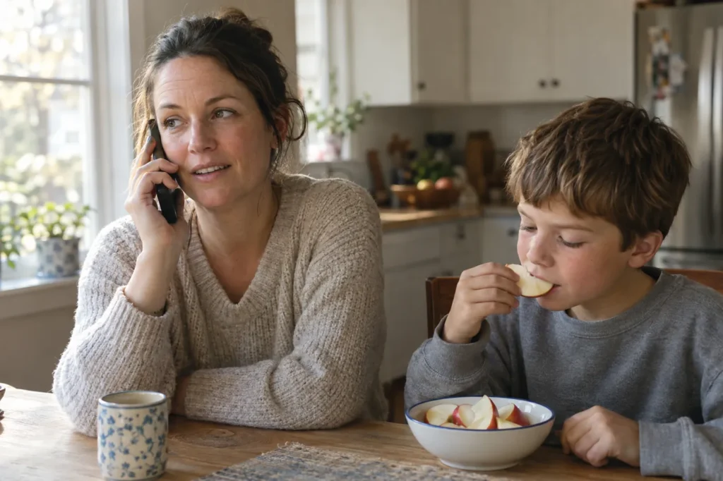 Mother on a phone call at the kitchen table while her son eats a snack beside her