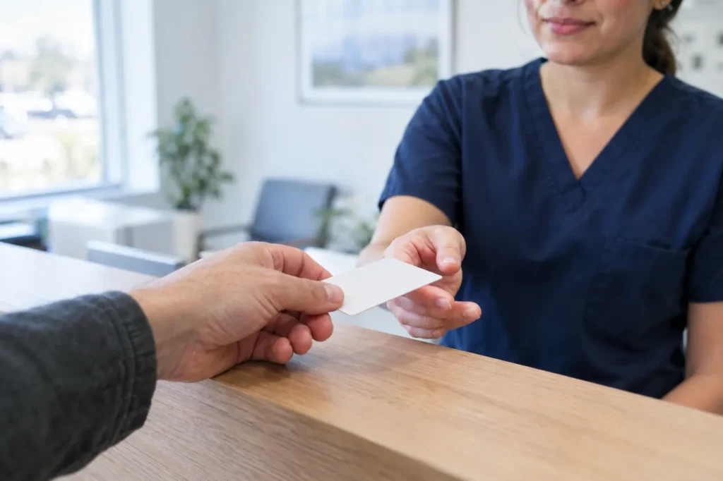 Parent handing a plain card across a light oak front desk to a staff member