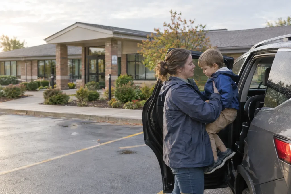 Mother lifting her young son from a car seat outside a small suburban medical building