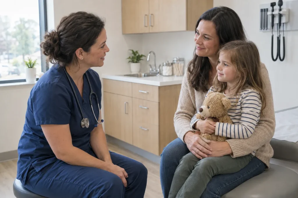 Clinician talking at eye level with a mother and her young daughter in an exam room