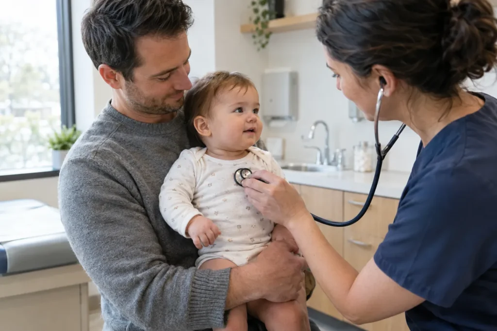 Clinician listening with a stethoscope to a baby held by his father