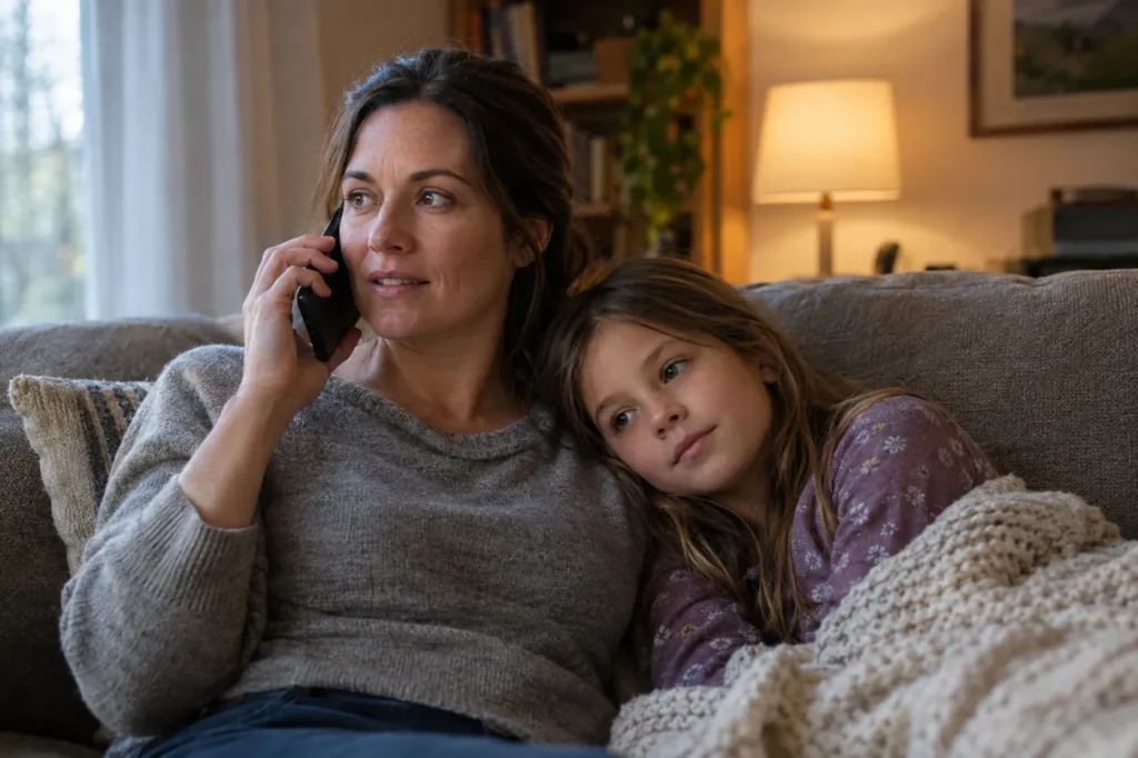 Mother on a phone call at home while her daughter rests under a blanket beside her