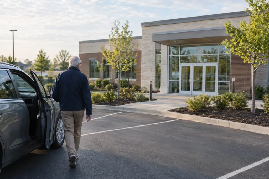 Man walking from his car toward a small suburban urgent care building on a sunny morning