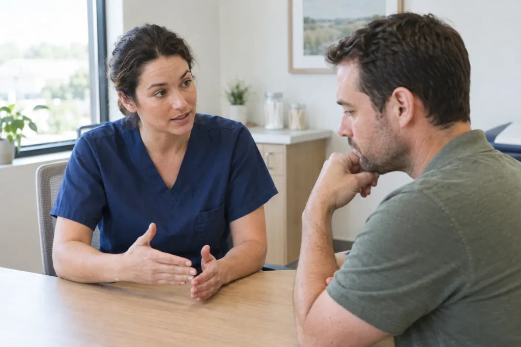 Clinician in navy scrubs explaining treatment facts to a man in a bright consultation room