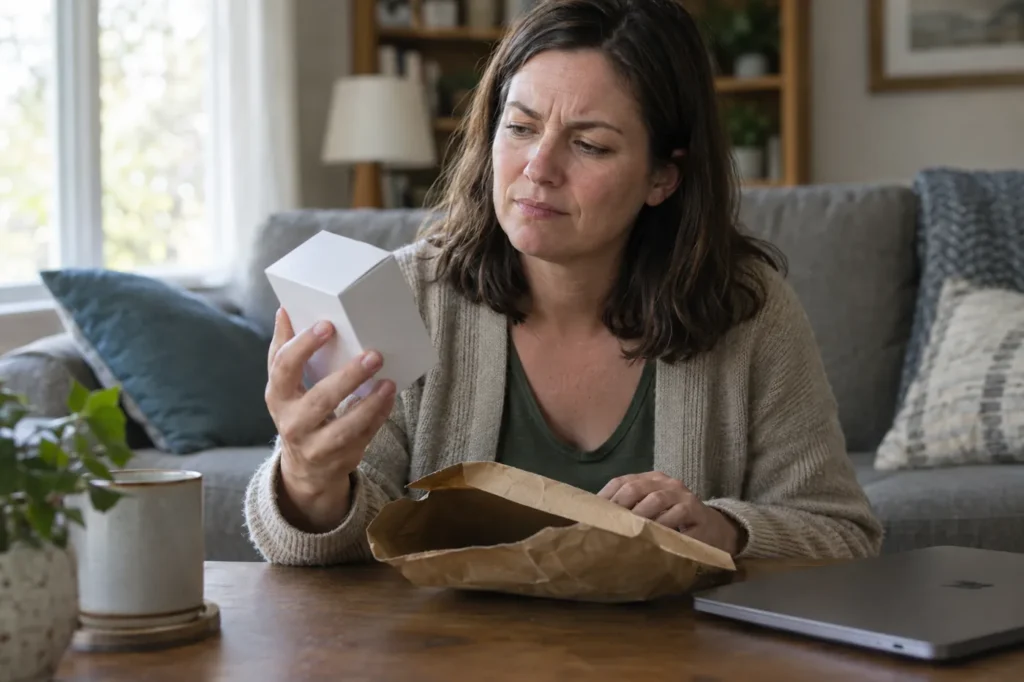 Woman looking skeptically at a small box delivered by mail, next to a closed laptop