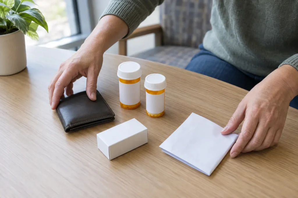 Hands arranging pill bottles, a wallet and a small box on a table before a clinic visit