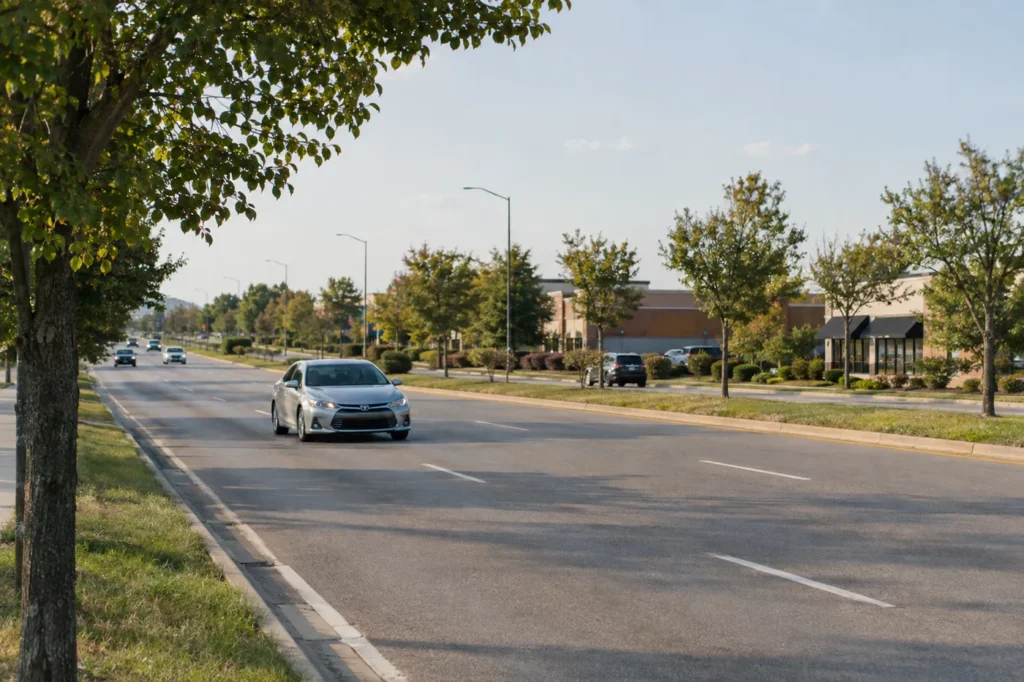 Car driving on a tree-lined suburban road on a clear afternoon