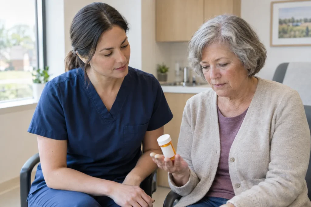 Clinician and an older woman talking about a prescription bottle in a bright clinic room
