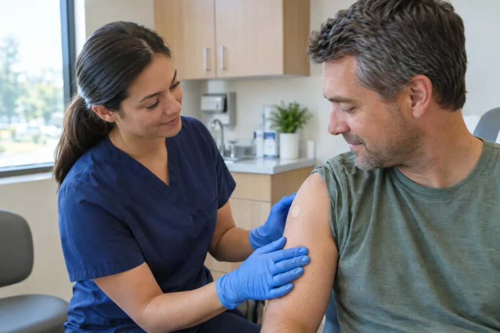 Clinician in navy scrubs checking a small bandage on a man's upper arm in a bright exam room