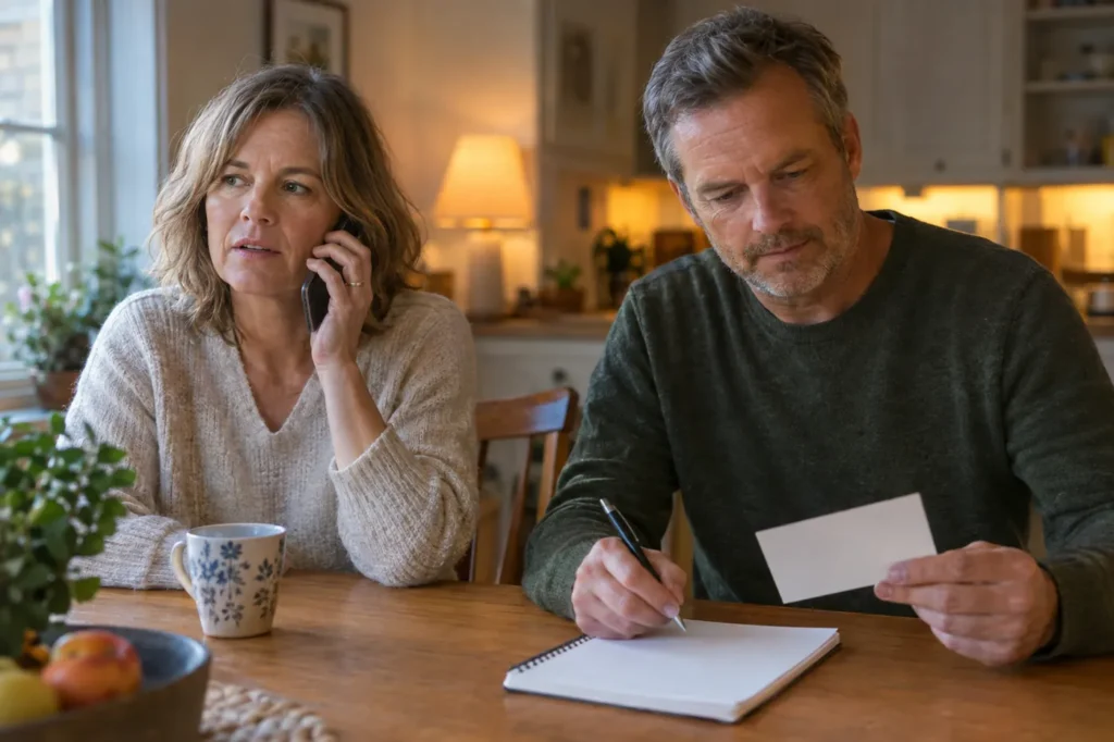 Couple at a kitchen table calling to check insurance coverage, holding a plain card