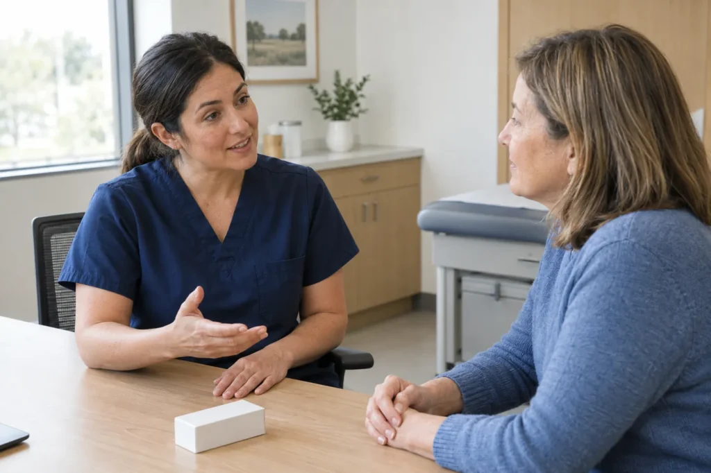Clinician in navy scrubs explaining treatment options to a woman at a desk in a bright clinic