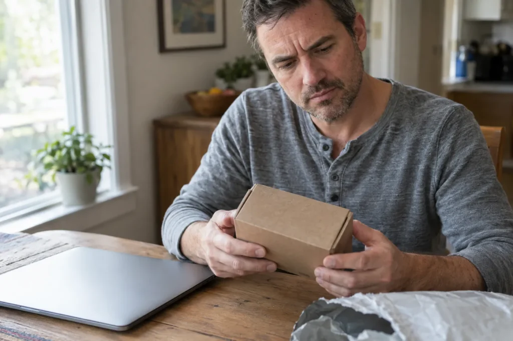 Man at his kitchen table looking doubtfully at a small package he ordered online