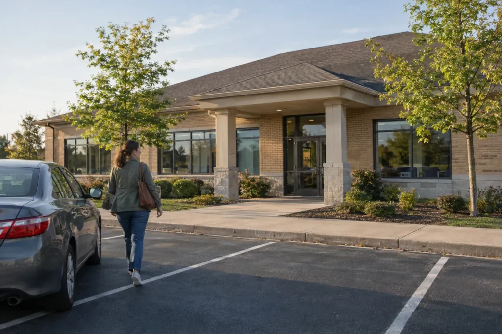 Patient walking from the parking lot to a small suburban urgent care building in Bolingbrook