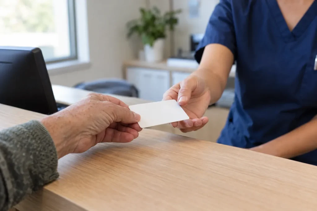 Patient handing a card to a receptionist in navy scrubs across a light oak clinic counter