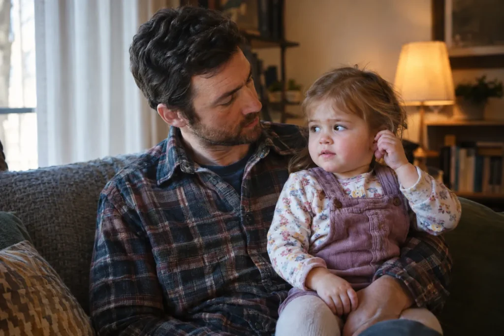 Father holding his toddler on the sofa at home as she tugs at her ear