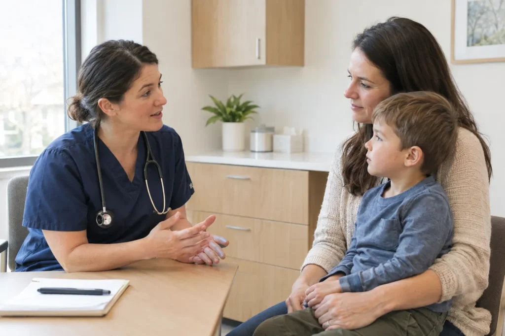 Clinician explaining an ear infection care plan to a mother holding her young son