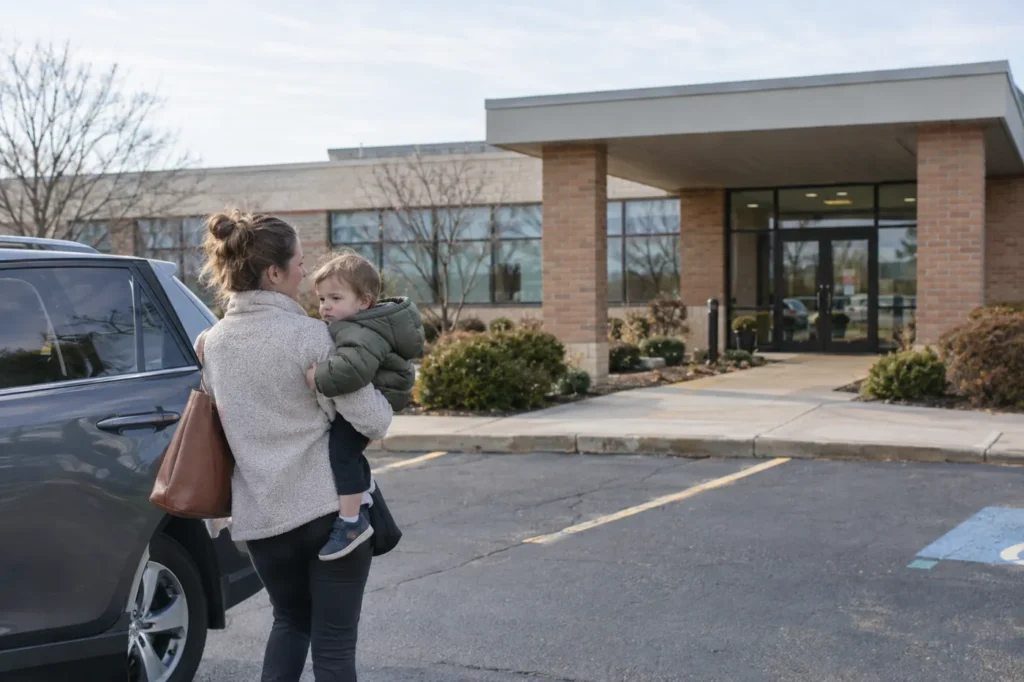Mother carrying her toddler from the parking lot toward a small suburban medical building
