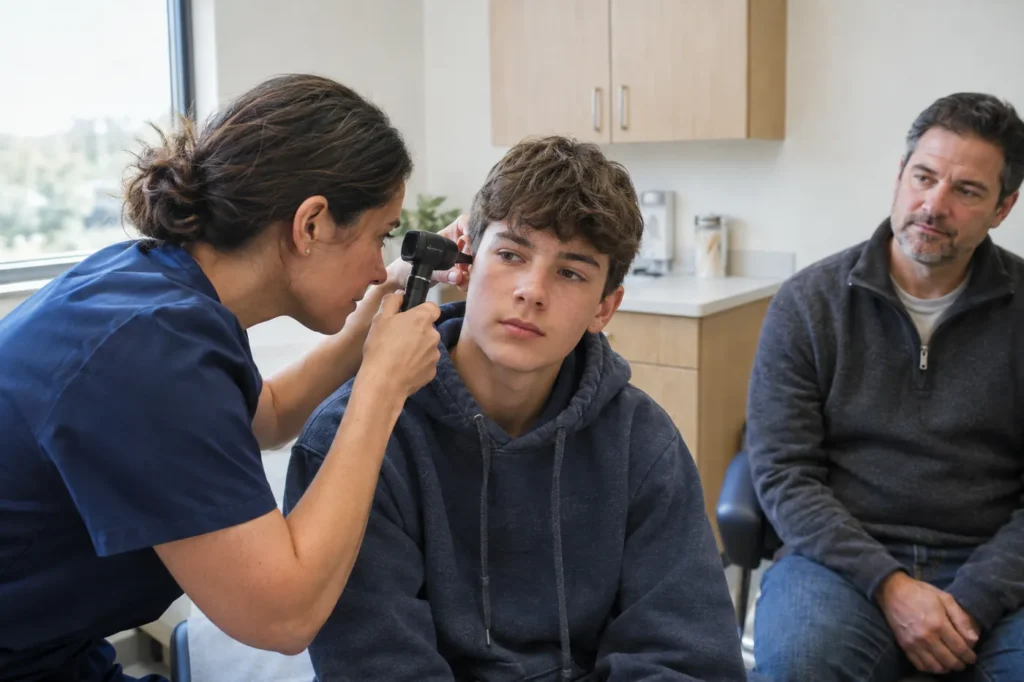 Clinician checking a teenage boy's ear with an otoscope while his father sits nearby