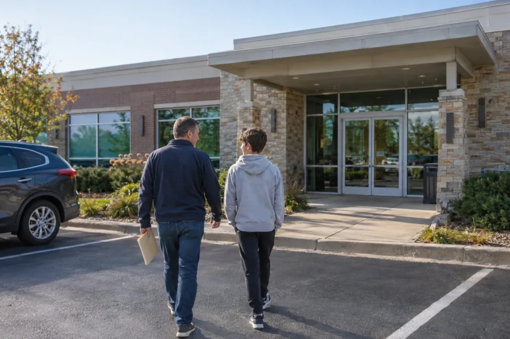 Father and teenage son walking from the parking lot to a small suburban urgent care clinic