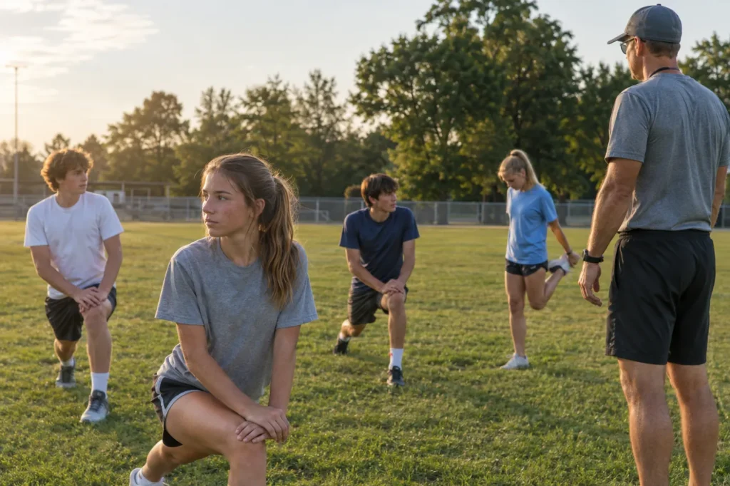 Teen athletes stretching on a high school practice field on a late-summer afternoon