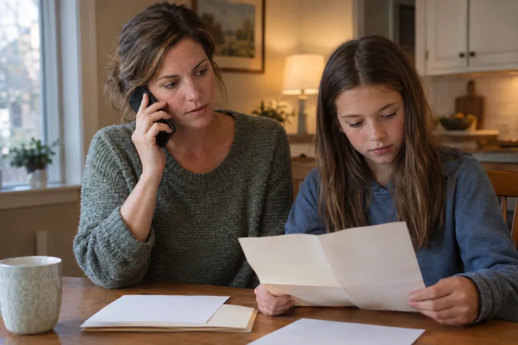 Mother calling the pediatrician while her daughter looks over a health record at home