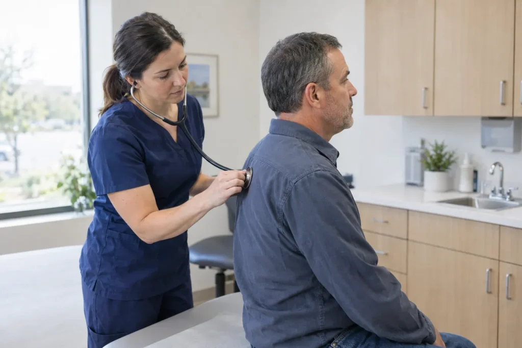 Clinician in navy scrubs listening with a stethoscope during an adult man's yearly physical