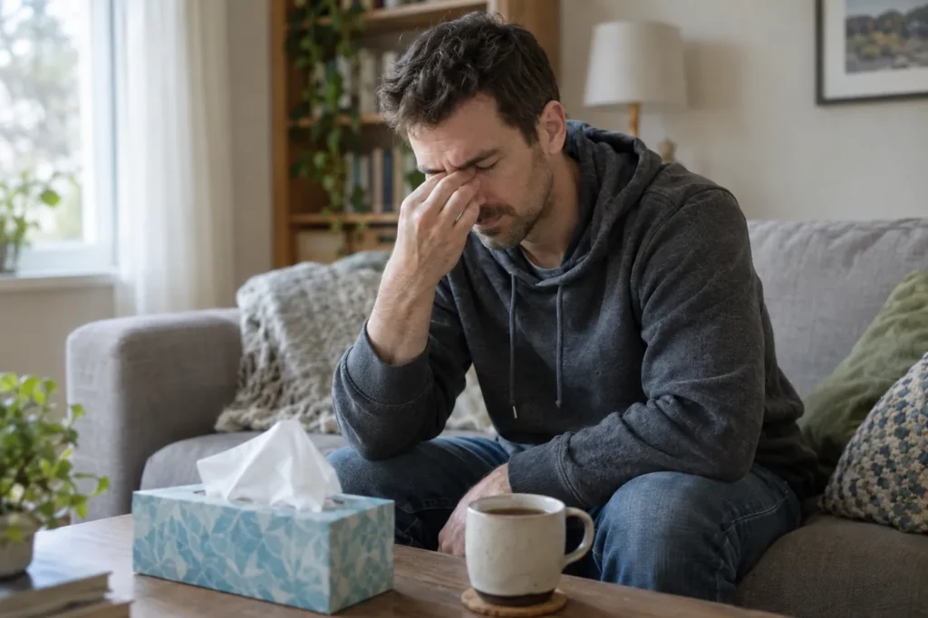 Man on his couch pressing the bridge of his nose, with tissues and tea nearby