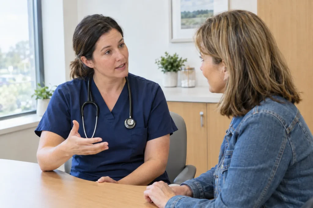 Clinician talking with a woman at a consultation desk in a bright clinic