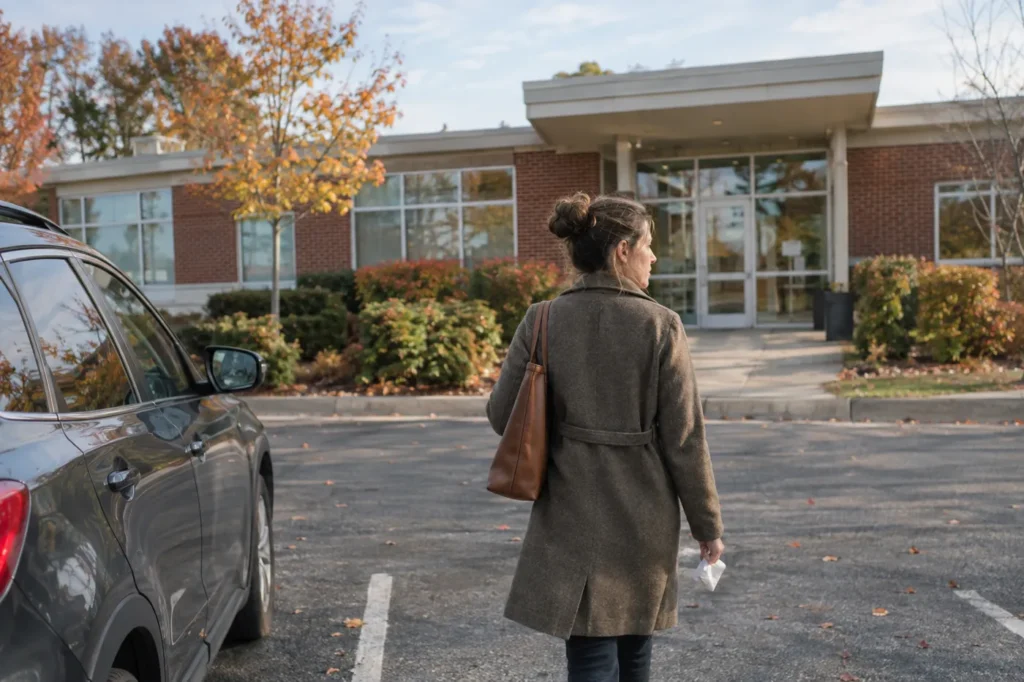 Woman walking from the parking lot toward a small suburban clinic