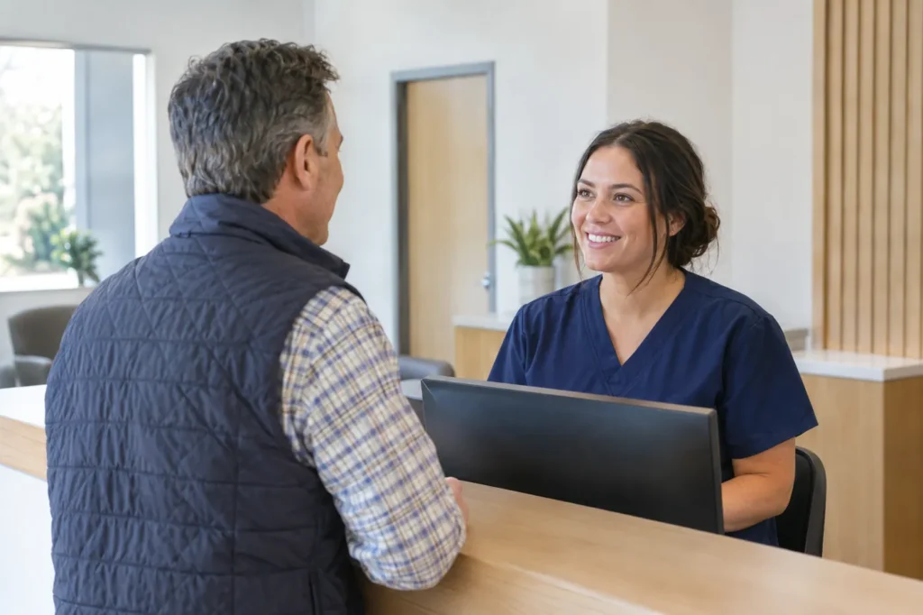 Man checking in at the front desk of a bright urgent care clinic