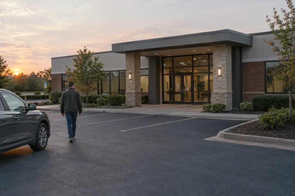 Man walking alone from his car toward a small suburban clinic building in early evening light