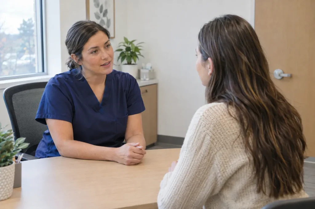 Clinician in navy scrubs talking privately with a young woman across a desk