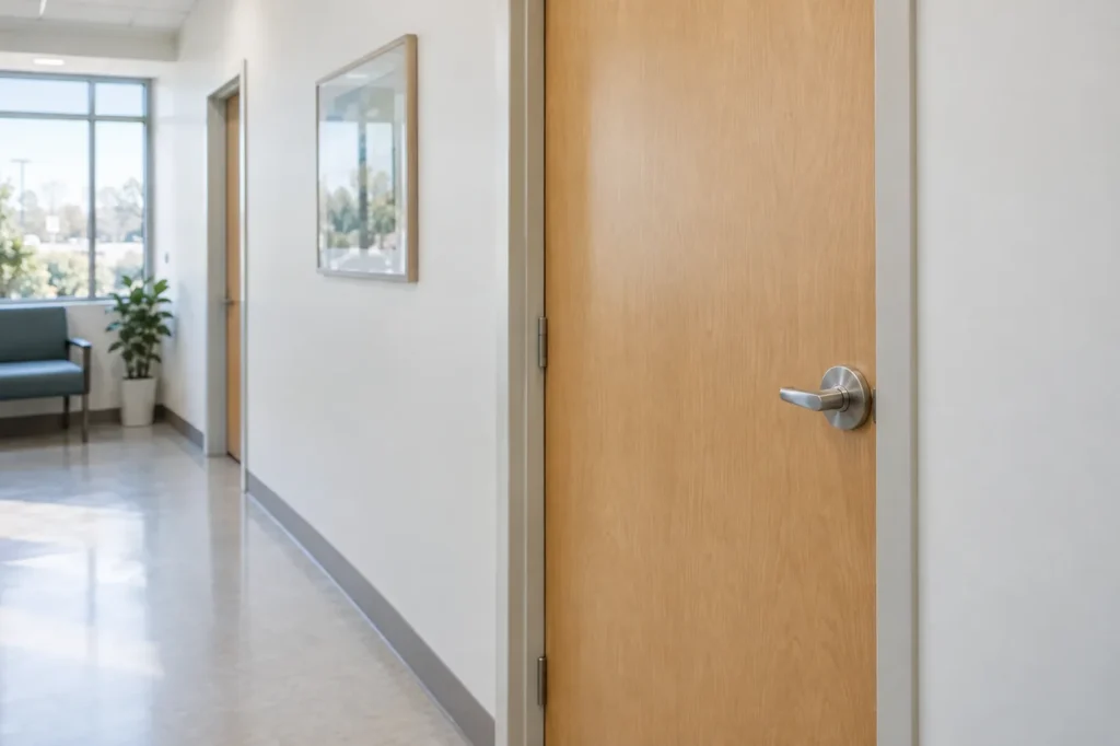 Closed light oak exam room door in a quiet, bright clinic hallway