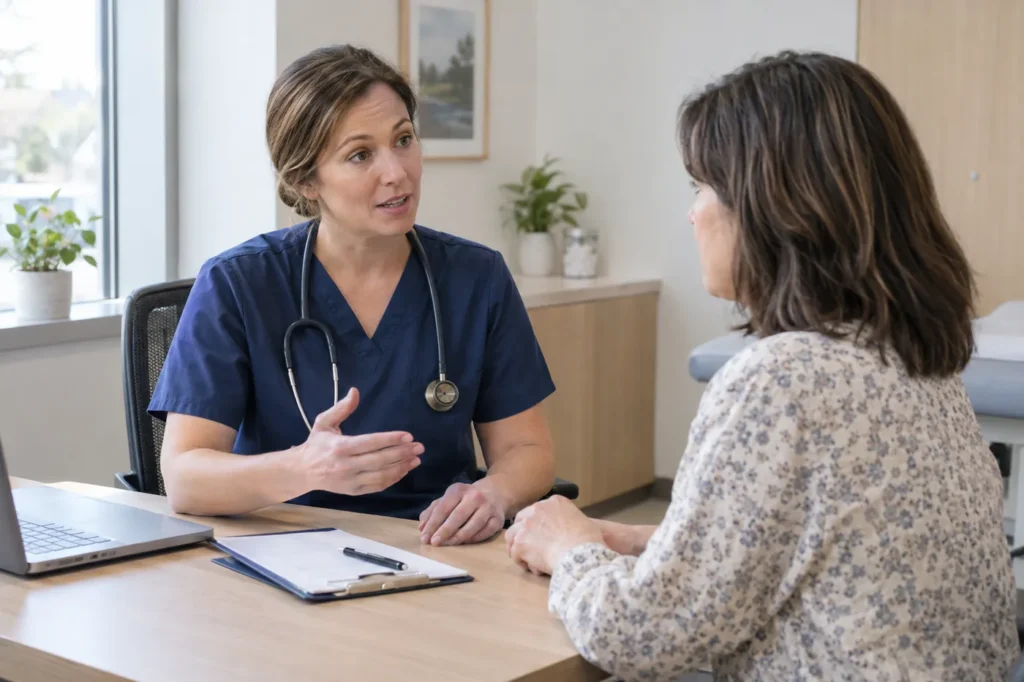 Female clinician explaining screening options to a woman in her forties at a desk