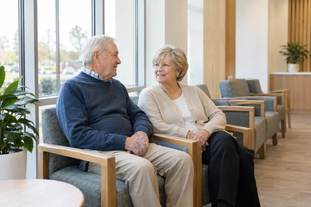 Older couple sitting together in the bright waiting area of a suburban urgent care clinic