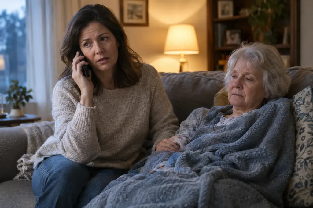 Woman on a phone call at home in the evening, sitting beside her elderly mother wrapped in a blanket