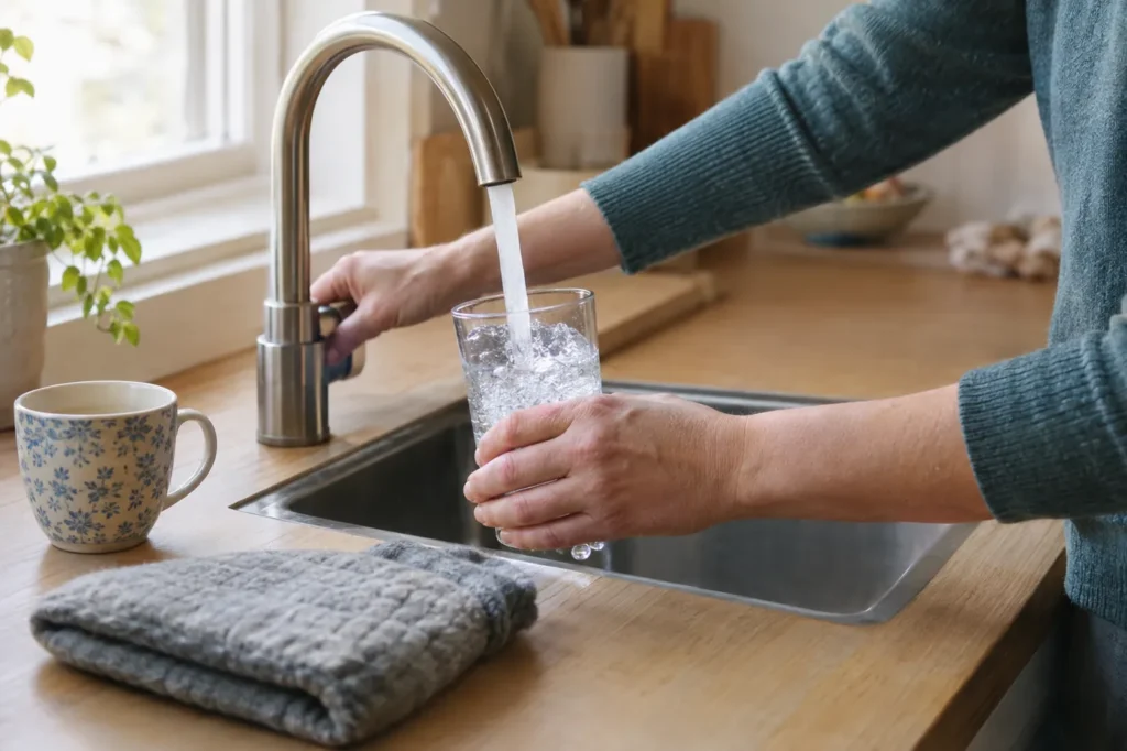 Hands filling a glass of water at a kitchen tap, with a heating pad on the counter