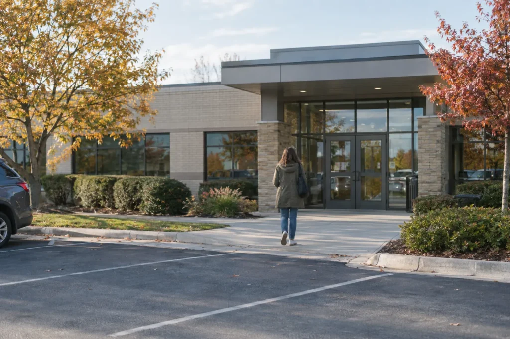Woman walking toward the glass entrance of a small suburban clinic on an autumn afternoon