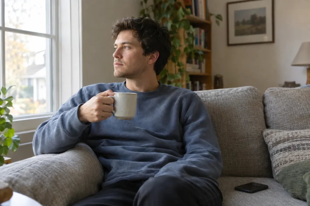 Young man on a sofa with a coffee, calmly thinking by a sunny window