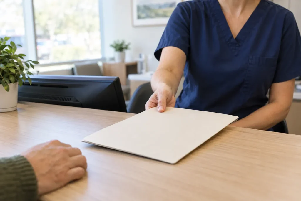 Receptionist in navy scrubs passing a closed folder across a clinic front desk