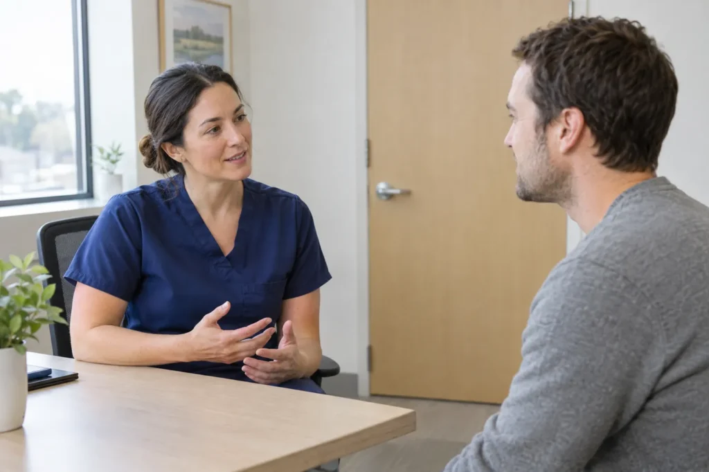 Clinician in navy scrubs calmly explaining next steps to a man in a private consultation room