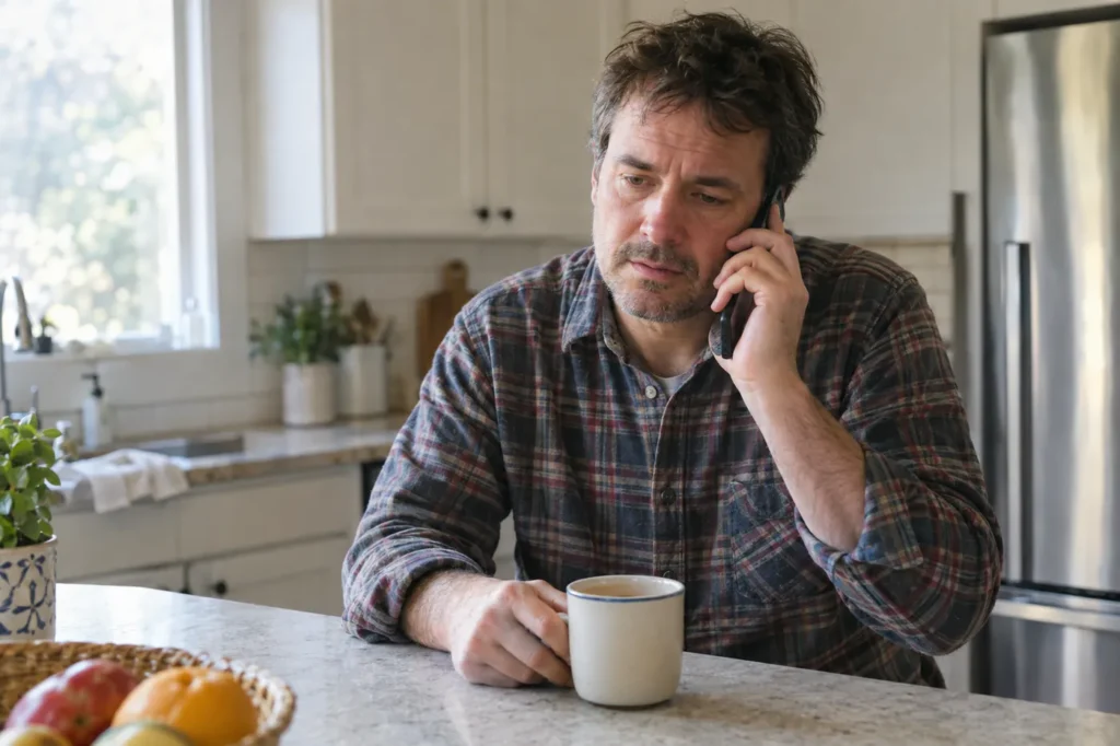 Man with a mug of tea at his kitchen counter calling the clinic about a telehealth visit