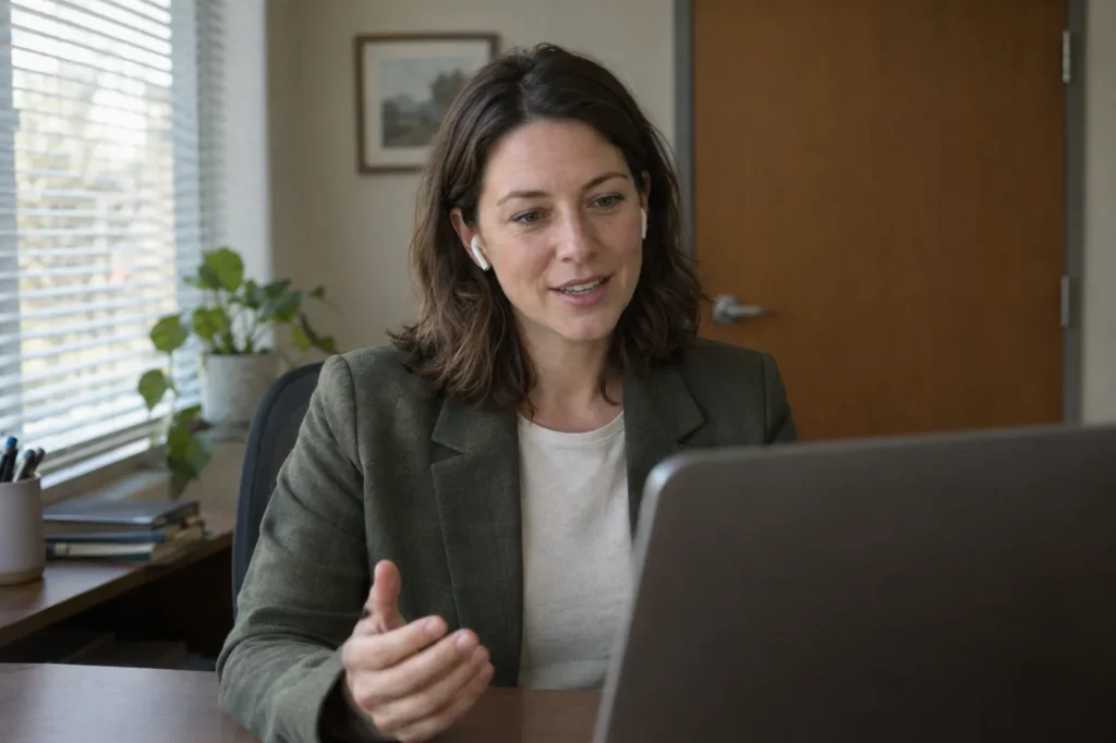 Woman in a quiet office at work taking a video visit on her laptop with the door closed